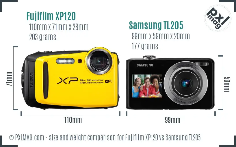 Fujifilm XP120 vs Samsung TL205 size comparison