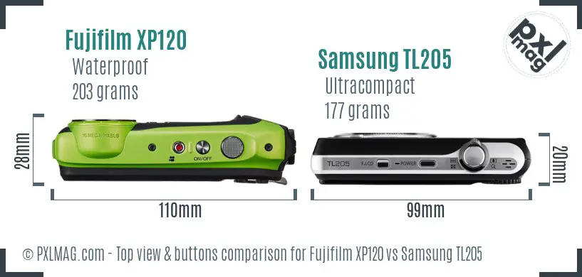 Fujifilm XP120 vs Samsung TL205 top view buttons comparison