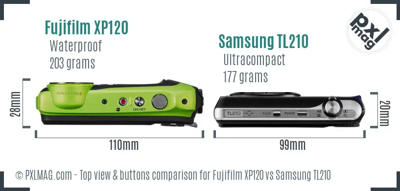 Fujifilm XP120 vs Samsung TL210 top view buttons comparison