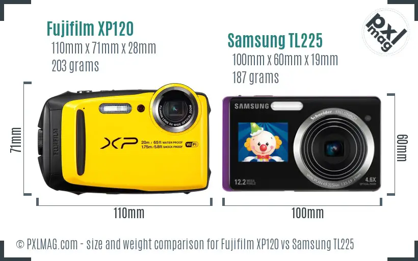 Fujifilm XP120 vs Samsung TL225 size comparison