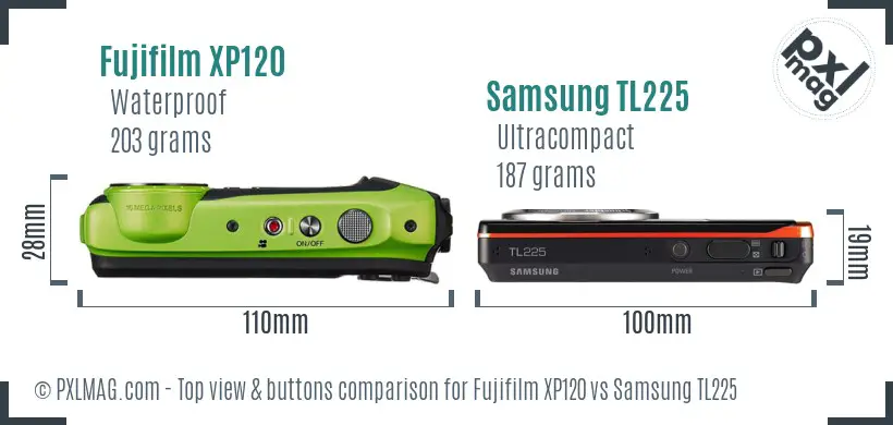 Fujifilm XP120 vs Samsung TL225 top view buttons comparison