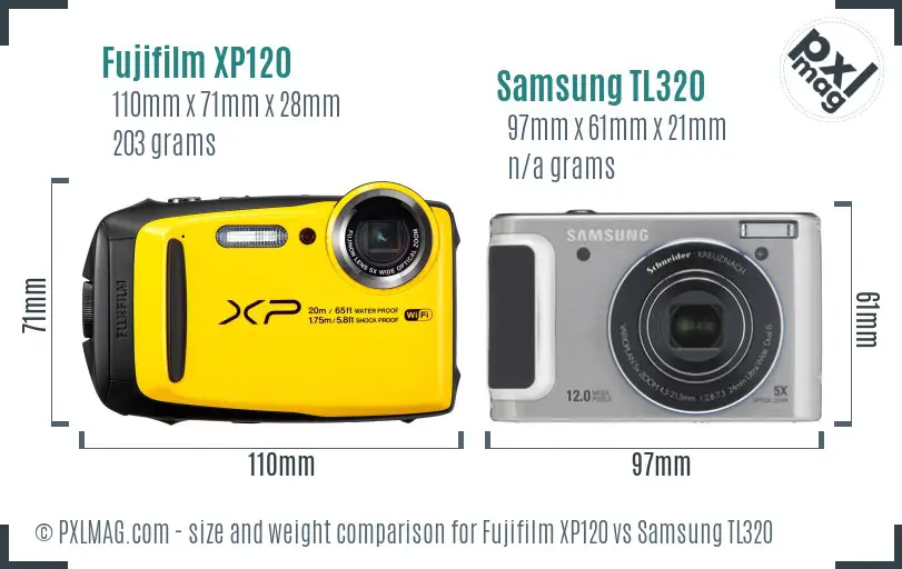 Fujifilm XP120 vs Samsung TL320 size comparison