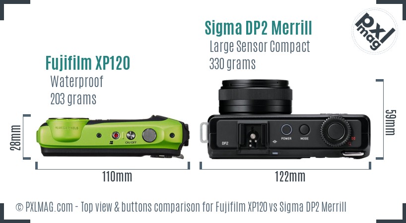 Fujifilm XP120 vs Sigma DP2 Merrill top view buttons comparison