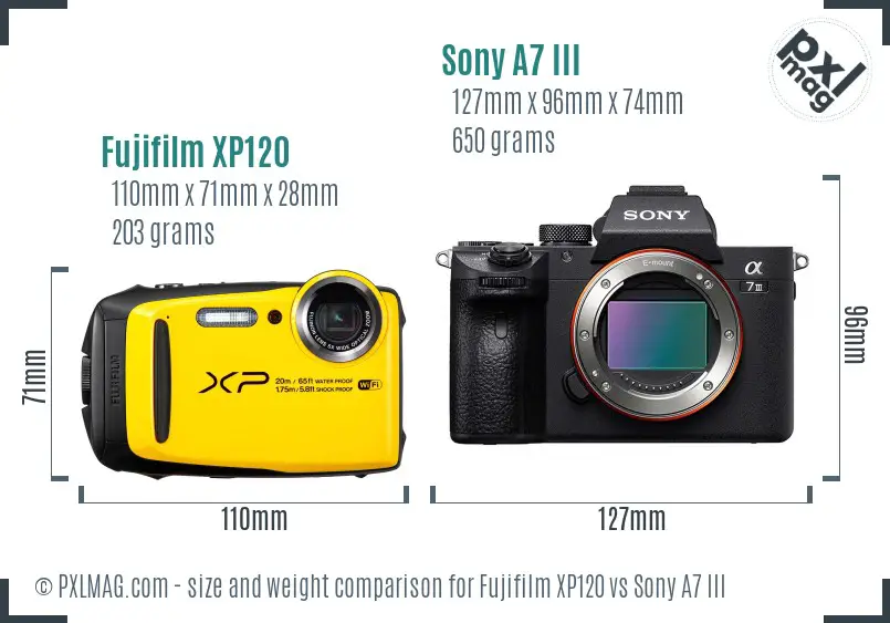 Fujifilm XP120 vs Sony A7 III size comparison