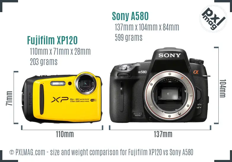 Fujifilm XP120 vs Sony A580 size comparison