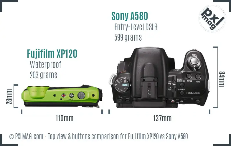Fujifilm XP120 vs Sony A580 top view buttons comparison