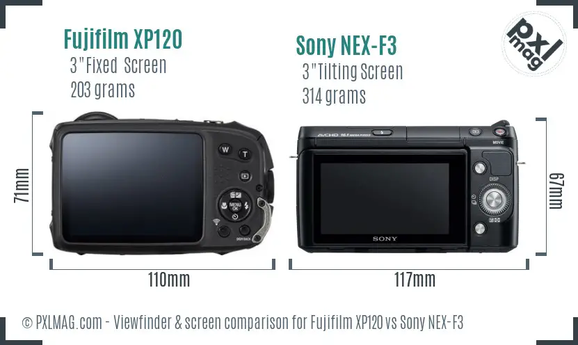 Fujifilm XP120 vs Sony NEX-F3 Screen and Viewfinder comparison