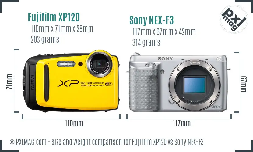 Fujifilm XP120 vs Sony NEX-F3 size comparison