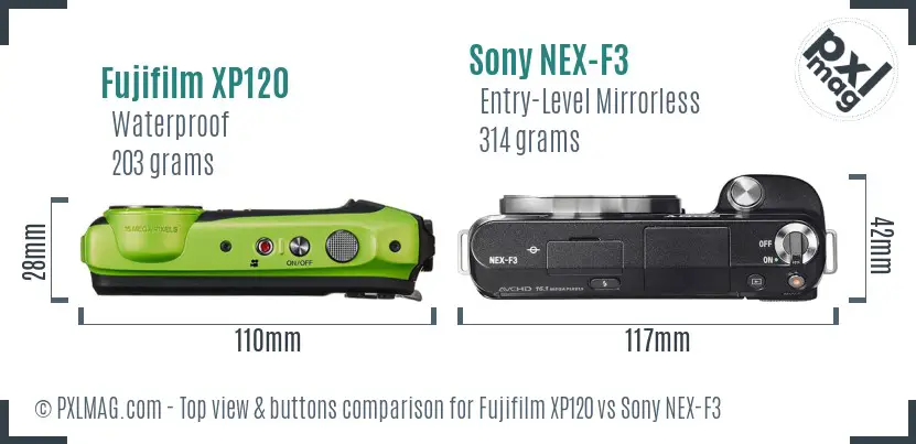Fujifilm XP120 vs Sony NEX-F3 top view buttons comparison