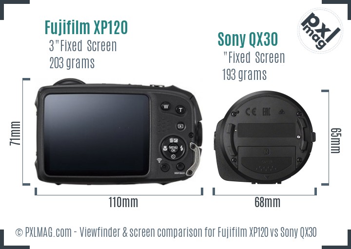 Fujifilm XP120 vs Sony QX30 Screen and Viewfinder comparison