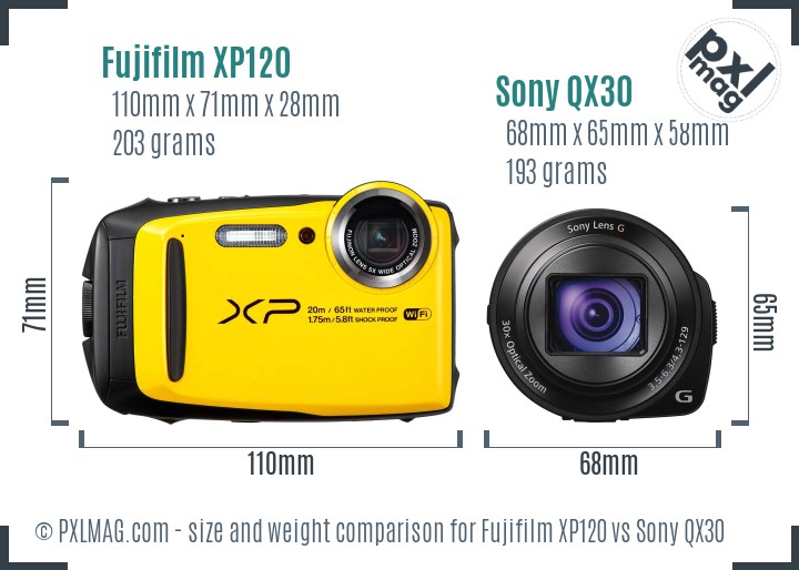Fujifilm XP120 vs Sony QX30 size comparison