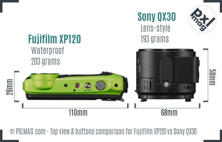 Fujifilm XP120 vs Sony QX30 top view buttons comparison