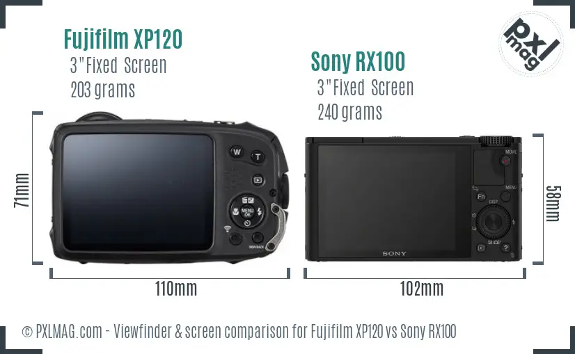 Fujifilm XP120 vs Sony RX100 Screen and Viewfinder comparison