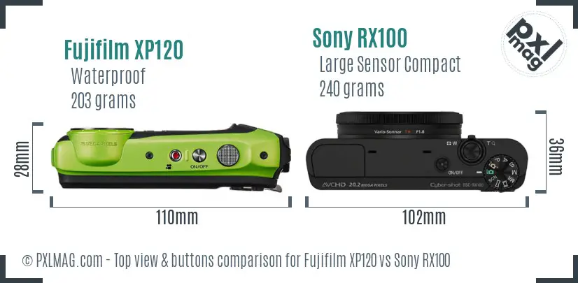 Fujifilm XP120 vs Sony RX100 top view buttons comparison
