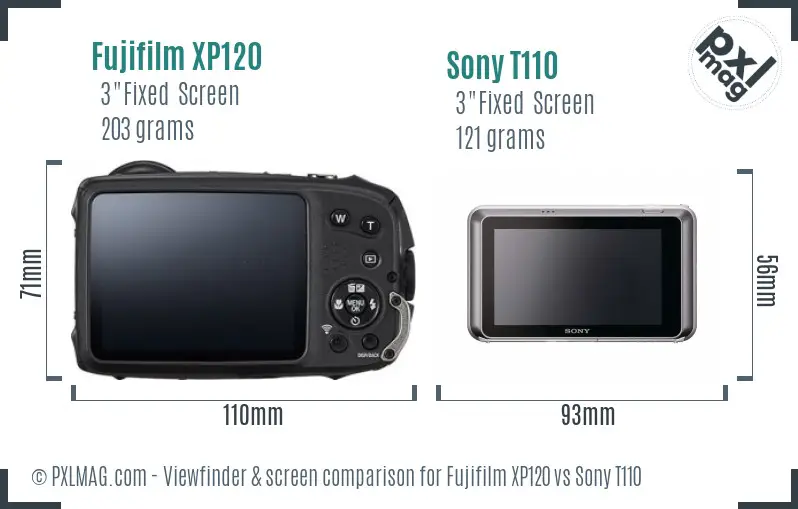 Fujifilm XP120 vs Sony T110 Screen and Viewfinder comparison
