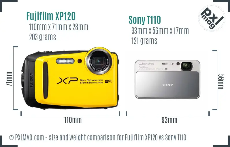 Fujifilm XP120 vs Sony T110 size comparison
