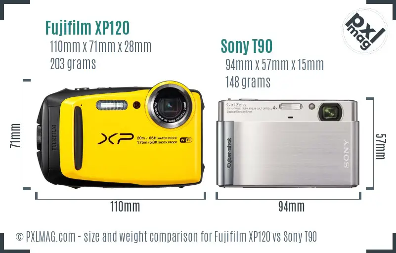 Fujifilm XP120 vs Sony T90 size comparison