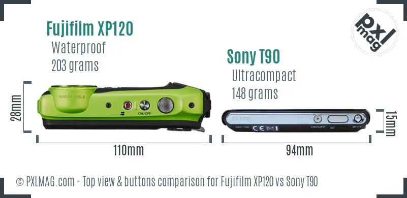 Fujifilm XP120 vs Sony T90 top view buttons comparison