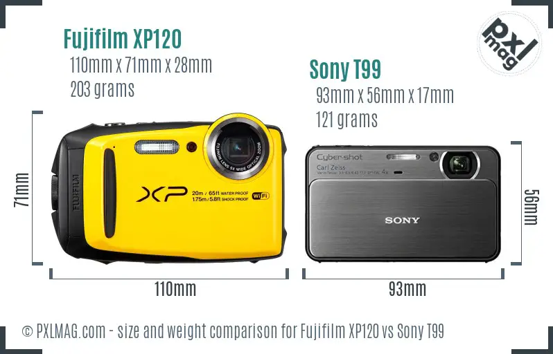 Fujifilm XP120 vs Sony T99 size comparison