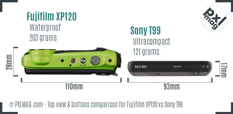 Fujifilm XP120 vs Sony T99 top view buttons comparison