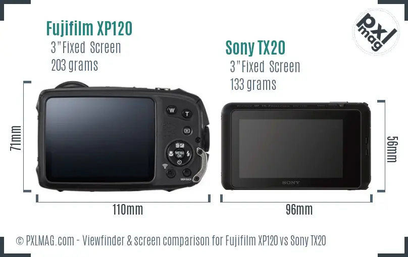 Fujifilm XP120 vs Sony TX20 Screen and Viewfinder comparison