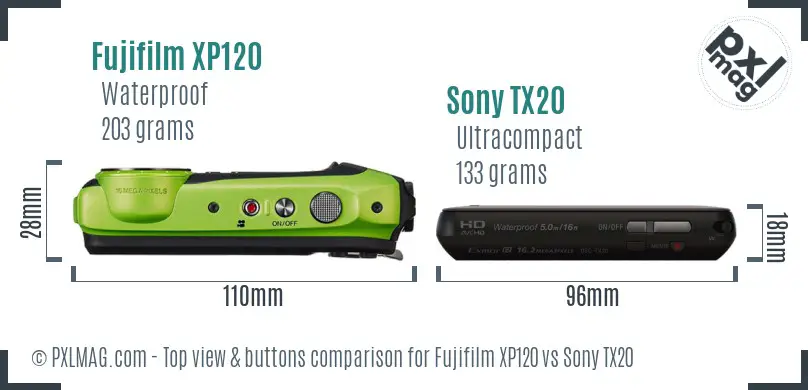 Fujifilm XP120 vs Sony TX20 top view buttons comparison