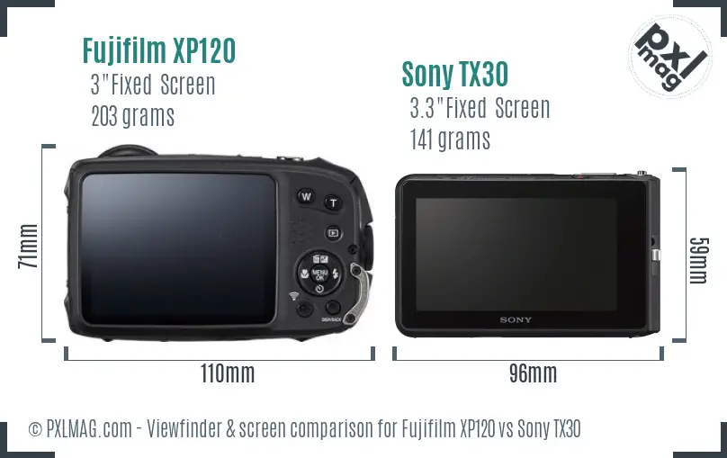 Fujifilm XP120 vs Sony TX30 Screen and Viewfinder comparison