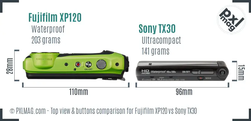 Fujifilm XP120 vs Sony TX30 top view buttons comparison