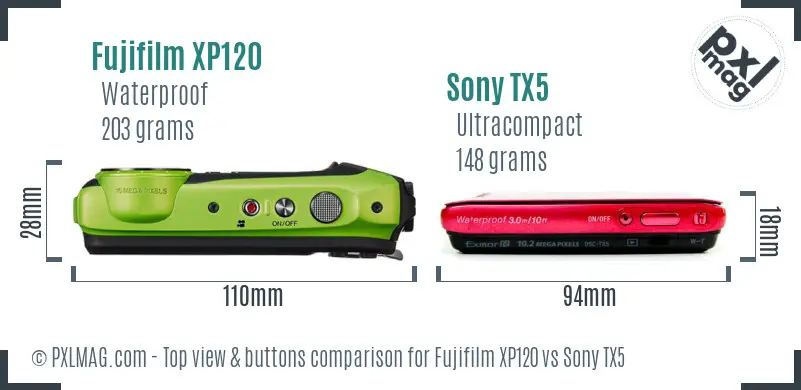 Fujifilm XP120 vs Sony TX5 top view buttons comparison