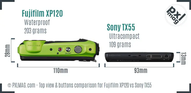 Fujifilm XP120 vs Sony TX55 top view buttons comparison