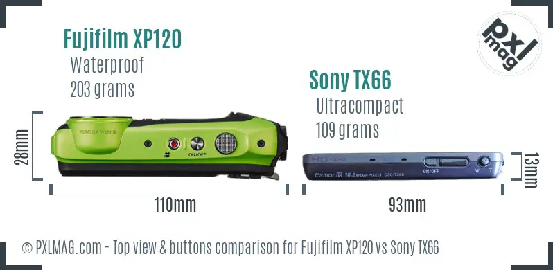 Fujifilm XP120 vs Sony TX66 top view buttons comparison