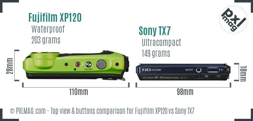 Fujifilm XP120 vs Sony TX7 top view buttons comparison Fujifilm XP120 vs Sony TX7 top view buttons comparison