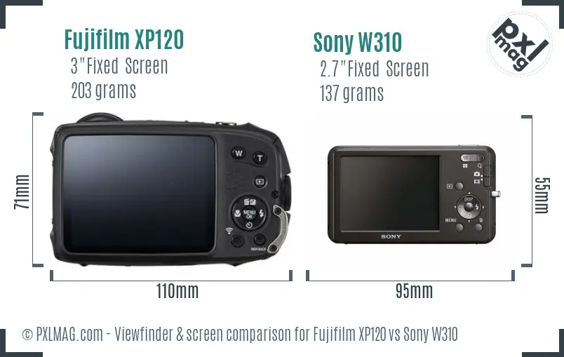 Fujifilm XP120 vs Sony W310 Screen and Viewfinder comparison