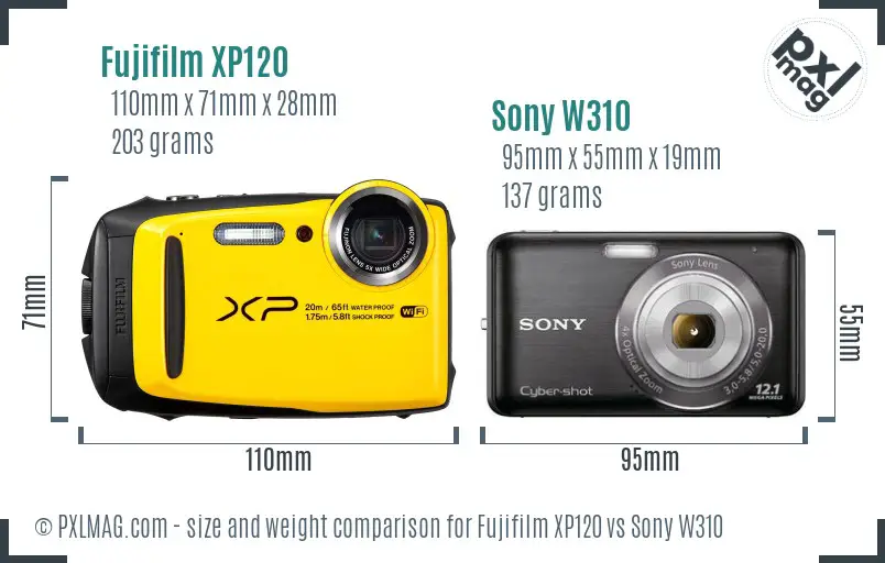 Fujifilm XP120 vs Sony W310 size comparison