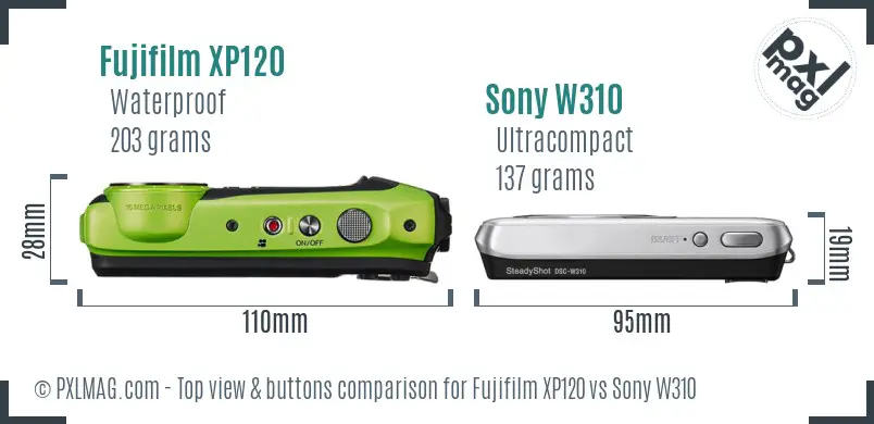 Fujifilm XP120 vs Sony W310 top view buttons comparison