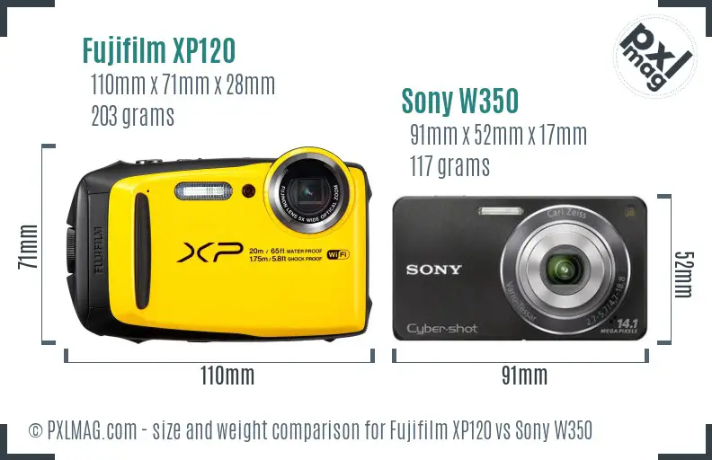 Fujifilm XP120 vs Sony W350 size comparison