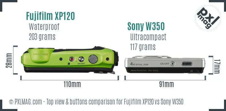 Fujifilm XP120 vs Sony W350 top view buttons comparison