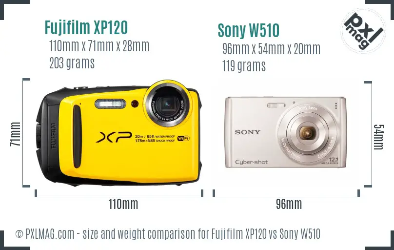Fujifilm XP120 vs Sony W510 size comparison
