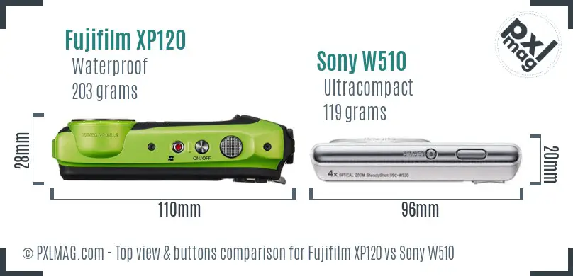 Fujifilm XP120 vs Sony W510 top view buttons comparison