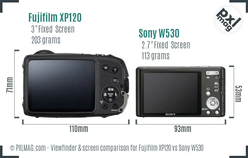 Fujifilm XP120 vs Sony W530 Screen and Viewfinder comparison