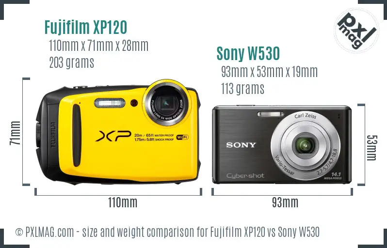 Fujifilm XP120 vs Sony W530 size comparison
