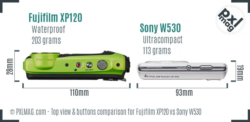 Fujifilm XP120 vs Sony W530 top view buttons comparison