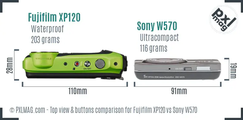 Fujifilm XP120 vs Sony W570 top view buttons comparison