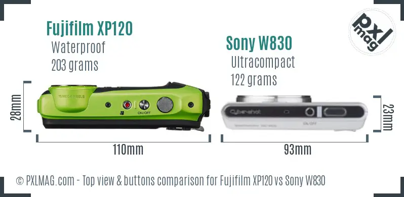 Fujifilm XP120 vs Sony W830 top view buttons comparison Fujifilm XP120 vs Sony W830 top view buttons comparison