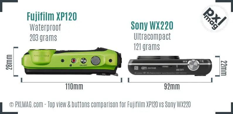 Fujifilm XP120 vs Sony WX220 top view buttons comparison