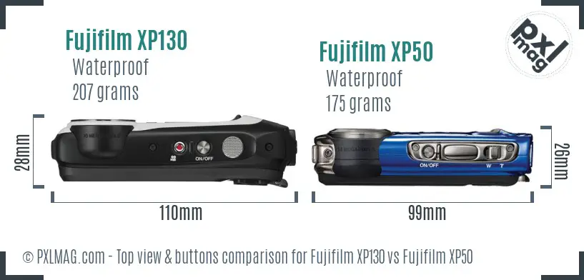 Fujifilm XP130 vs Fujifilm XP50 top view buttons comparison