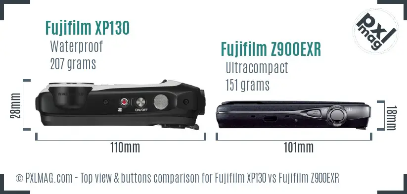 Fujifilm XP130 vs Fujifilm Z900EXR top view buttons comparison Fujifilm XP130 vs Fujifilm Z900EXR top view buttons comparison