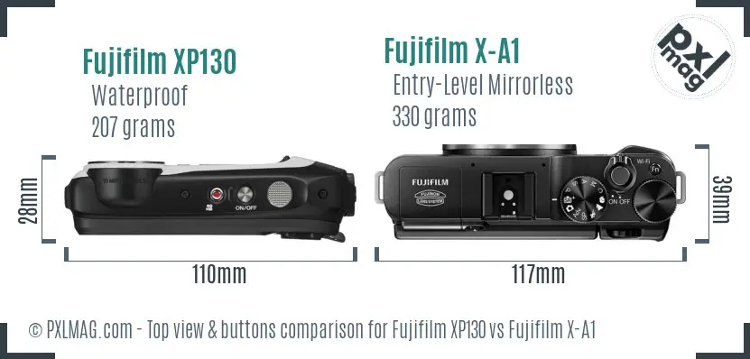 Fujifilm XP130 vs Fujifilm X-A1 top view buttons comparison