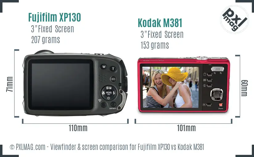 Fujifilm XP130 vs Kodak M381 Screen and Viewfinder comparison