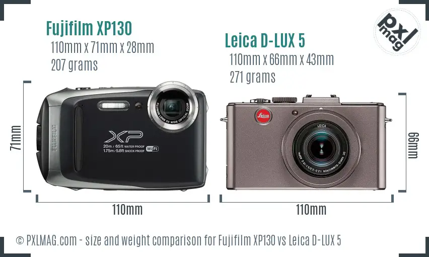 Fujifilm XP130 vs Leica D-LUX 5 size comparison